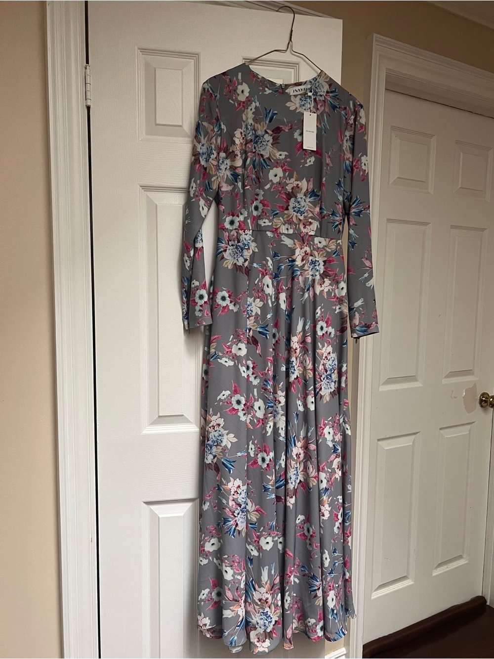 Naya Gray Floral Maxi Dress with Pink & Blue Accents